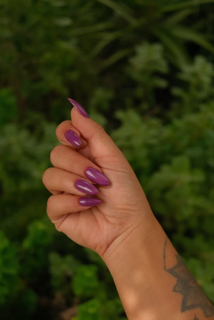 Glänzende pflaumenviolette Stiletto-Maniküre – Fotobeispiel zu rich-purple